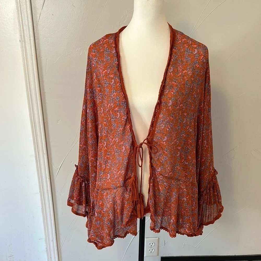 Free People LOLA Long Bell Floral Rust Open-Front Women's Top M